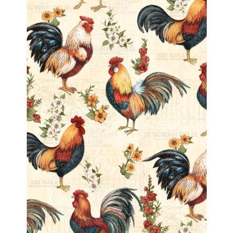 Garden Gate Roosters- Large All Over Cream