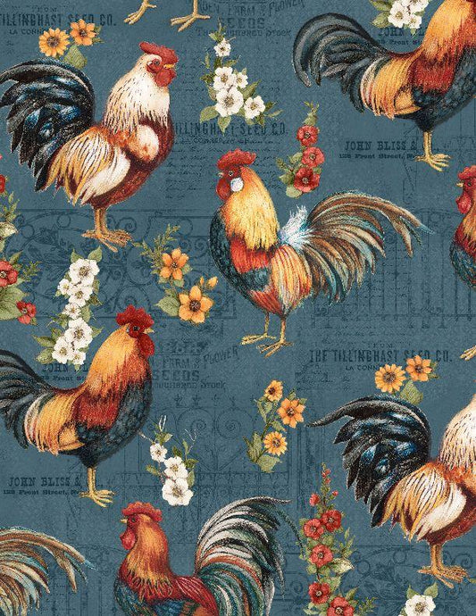 Garden Gate Roosters- Large All Over Teal