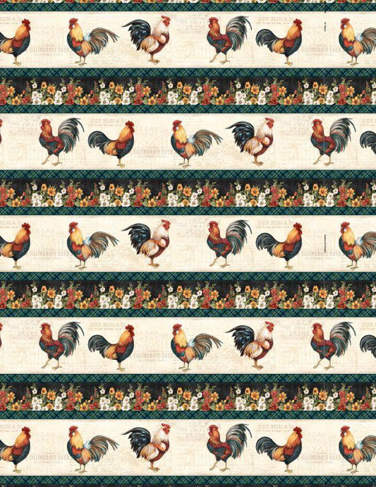 Garden Gate Roosters- Repeating Stripe Multi